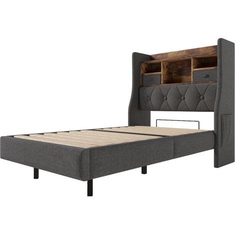 Letto imbottito 90x200 cm con LED, testiera contenitore e porte USB-C, grigio MODENUIT (1/5)