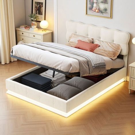 Letto 140x190 - Velluto beige - Storage integrato - Illuminazione LED - Design moderno minimalista