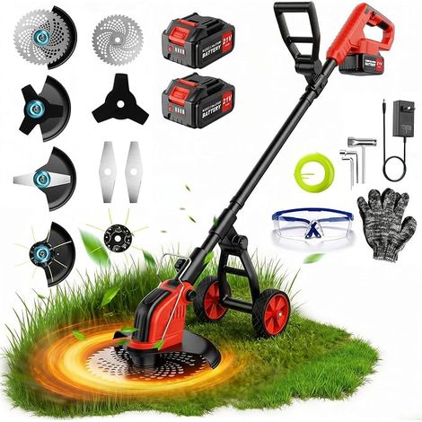 12 Inch Cordless Electric Brushcutters 2 21V 3.0Ah Battery with Wheels, 4 Types Blades, Battery Trimmers Turns into Edges, Scrubbers Batteries for Garden (1/4)