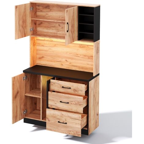 Credenza alta da cucina 105 x 40 x 180 cm in MDF nero effetto legno con LED e prese EU (1/5)