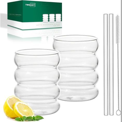 Bubble Glasses with Glass Straws oz Cocktail Ice Coffee Wavy Soda Water Gift Cleaning Brush (1/5)