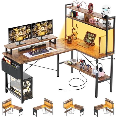 L-Shaped Gaming Desk, 125 x 90 x 75 cm Home Desks with LED and Sockets, L-Shaped Table with Storage Bag and Hook for Home Work and Gaming, Brown (1/5)