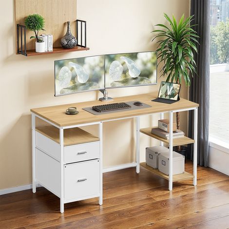 Bureau d’Ordinateur, 3 Étagères, 2 Tiroirs, 140 x 60 x 76 cm, Couleur Chêne Naturel et Blanc (1/5)