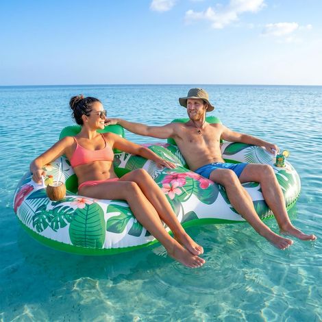 Bouée gonflable 2 places pour adultes, matelas double robuste avec fond en filet, 2 poignées renforcées et deux porte-gobelets, idéale pour piscines, lacs et rivières (vert). (1/5)