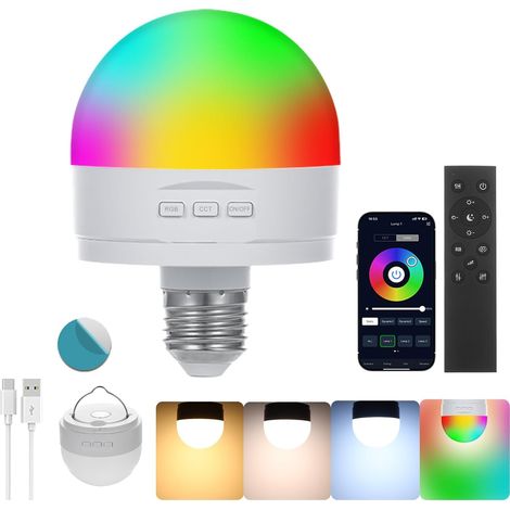 Ampoule rechargeable avec télécommande et application, ampoule LED intelligente E27 à intensité variable CCT+RGB, 5 W (1/5)