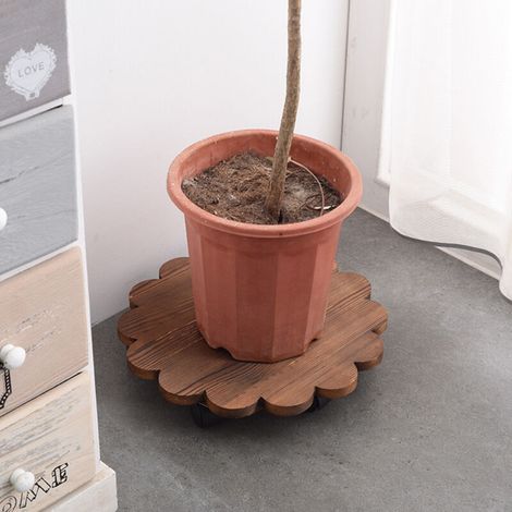 Plateau de Transport avec Roulettes en Bois pour Pots de Fleurs Protège Sol 4 Tailles (Diamètre 20cm/25cm/30cm/35cm) Stable & Mobile Roues avec Frein (1/4)