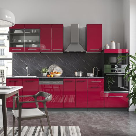 Mueble de cocina Fame-Line, Burdeos brillo intenso/antracita, 300 cm con armario alto, ET Antracita, Vicco