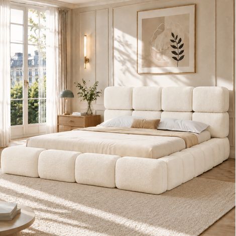 Cama tapizada doble 160x200 cm con somier y cabecero acolchado de bouclé blanco OKWISH (1/5)