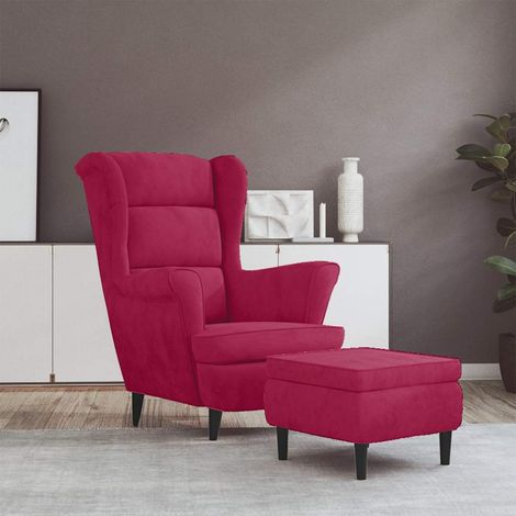 vidaXL Sillón orejero y taburete de terciopelo rojo tinto (1/5)