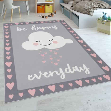 Paco Home Tappeto Per Bambini A Tessuto Liscio Adatto Per La Cameretta, Con Testo E Nuvole, Grigio Rosa 120x160 cm (1/5)