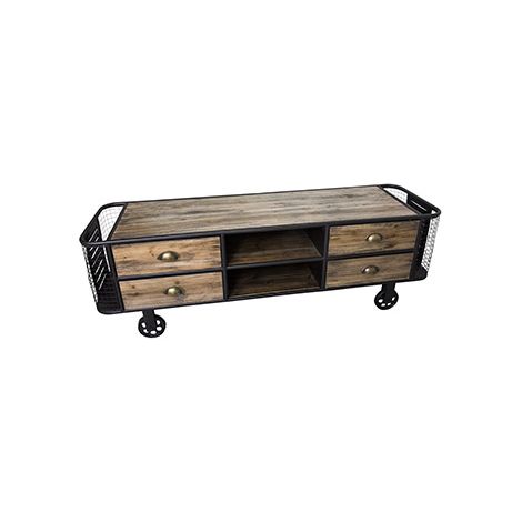 Meuble TV 4 tiroirs avec portes-revues 140 cm en sapin et métal