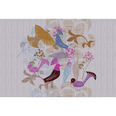 Papier peint panoramique oiseaux original multicolore Tapisserie panoramique grise, violet & jaune motif oiseau Papier peint panoramique salon moderne (1/2)