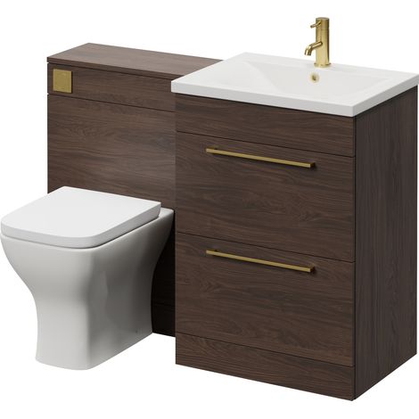 Napoli 460 Cento Brown Oak 1200mm 2 Drawer Vanity Unit Toilet Suite with Glide Basin - 1200mm - Brushed Brass 320mm HandleWith Kingston Toilet Pan and Seat
