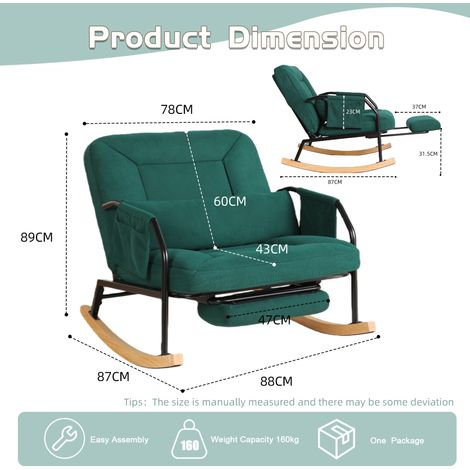 Grand fauteuil à bascule extérieur en velours côtelé vert avec repose-pieds, dossier réglable, fauteuil de relaxation pour salon, balcon et terrasse (1/5)