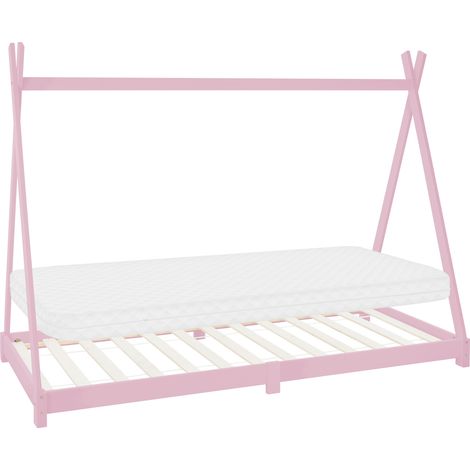 ML-Design Letto Montessori Tipi per Bambini 90 x 200 cm Rosa, in Legno di Pino Massiccio, con Rete a Doghe e Materasso da 10 cm in Schiuma Fredda, Lettino Basso a Tenda Indiana per Cameretta