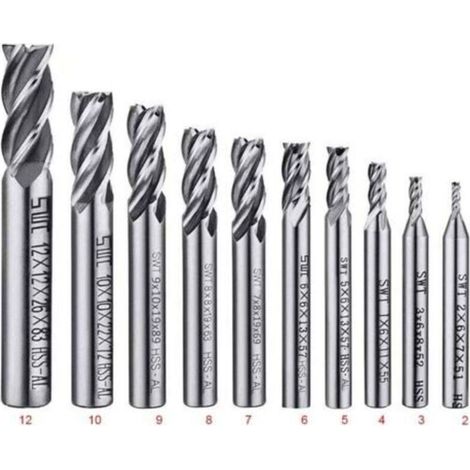 Lot de 10 forets à 4 cannelures - de 2 à 12 mm Fraise en Bout- Ensemble de forets à tige droite HSS CNC pour perceuse - Ensemble d'outils pour bois, aluminium, acier et titane (1/4)