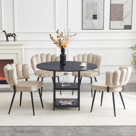 Set de mesa redonda 107 cm con 2 estantes y 4 sillas tapizadas marrón claro estilo industrial (1/5)