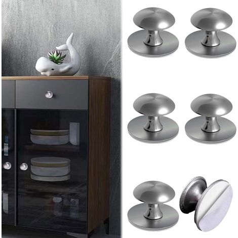 Un ensemble de 6 poignées de meuble rondes et auto-adhésives, sans perçage, convenant aux armoires, vitrines, coiffeuses, argentées. (1/5)