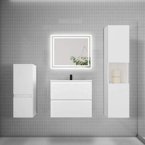 Ensemble meuble de salle de bain 60cm, vasque + colonne + LED miroir,blanc (1/5)