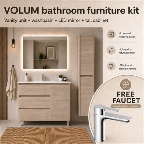 VOLUM Estepa Badmöbel-Set mit Waschbecken, LED-Spiegel, 140 cm Hochschrank und Armatur 100x40 cm (1/5)