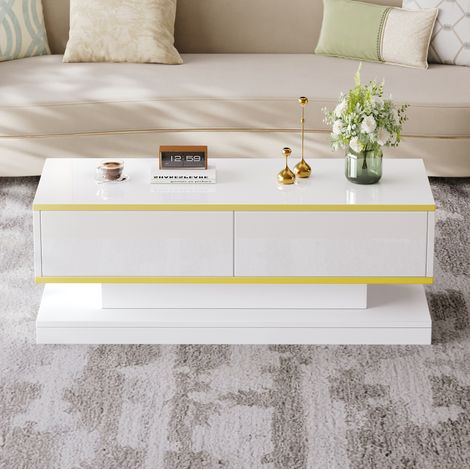 Table basse 100x50x38 cm blanche en panneau de particules avec 2 tiroirs et finition brillante (1/5)