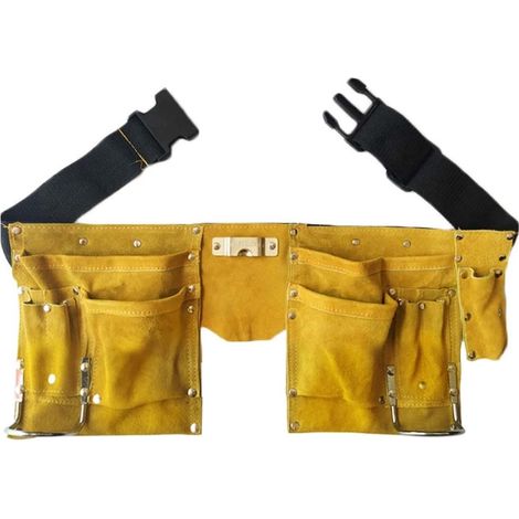 Ceinture porte-outils double - Ceinture ajustable avec fermeture à pression - Porte-marteau intégré - Ceinture et tablier de travail en cuir avec poches multiples - Double - Cuir - Idéale pour les bri (1/4)