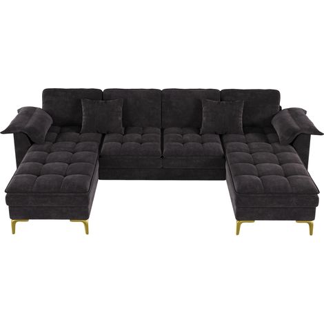Canapé d'angle modulable en U 4 places avec chaises longues, coussins et pieds métalliques dorés, revêtement en chenille noir (1/5)