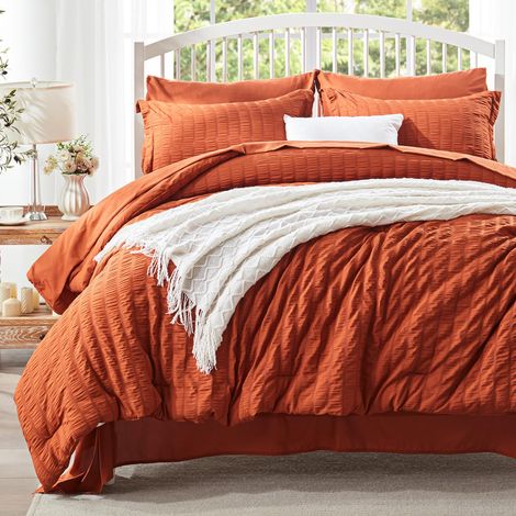 Parure de lit 7 pièces, en Seersucker Orange brûlé avec draps, Parure de lit légère avec 1 Couette, 2 taies d'oreiller, 1 Drap Plat, 1 Drap-Housse (1/5)
