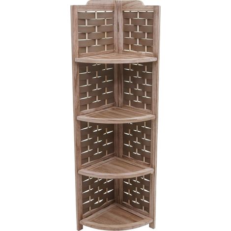 [NEUWERTIG] Eckregal HHG-655, Regal Standregal, klappbar 4 Ablagen, Paulownia Holz 110cm braun, Geflecht braun