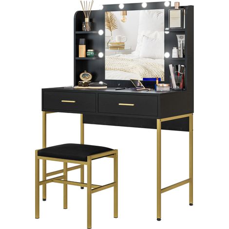 Coiffeur miroir LED intégré tabouret rembourré 2 tiroirs étagères moderne noir