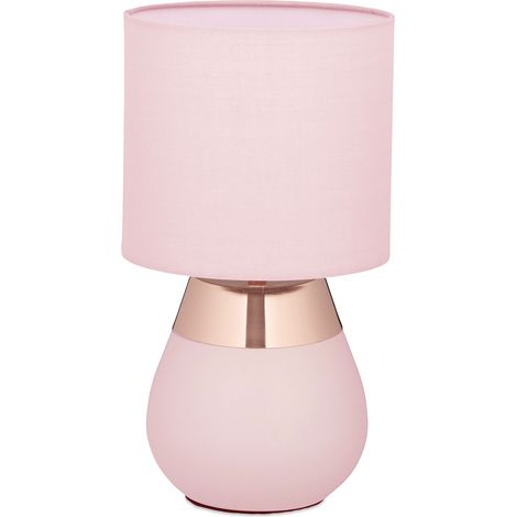 Relaxdays Lampe de chevet, abat-jour, douille E14, câble, H x D : 32 x 18 cm, pour la chambre, rose et cuivre (1/5)