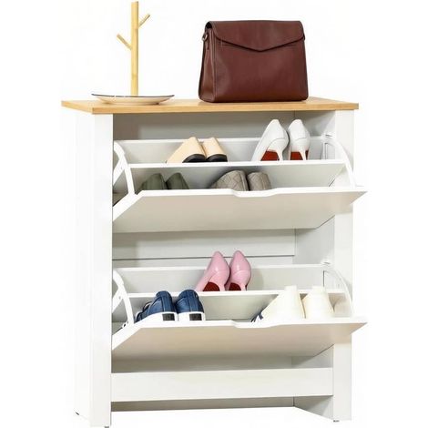 Zapatero estrecho con 2 puertas abatibles y tablero superior 72 x 26 x 80 cm blanco y madera (1/5)