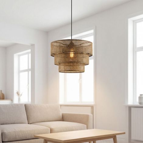 Pendelleuchte Metall Korb Schirm E27 38 cm breit H: max. 140 cm Schwarz Braun Beige rund Modern
