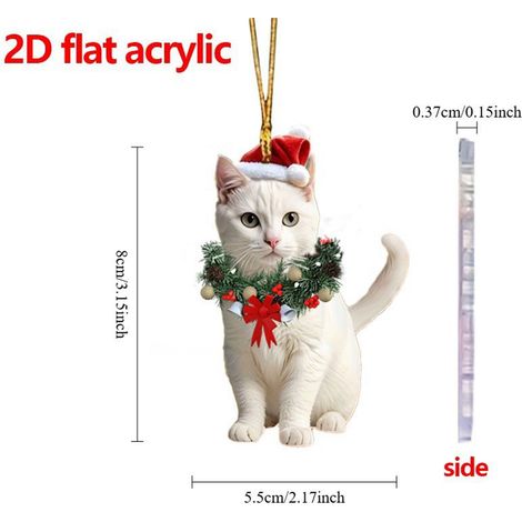 Guirlande Chat Noël - Pendentif Acrylique Plat 2D - Décoration Arbre De Noël Voiture Sac - Diamètre 8 cm - Lot De 1 (1/2)