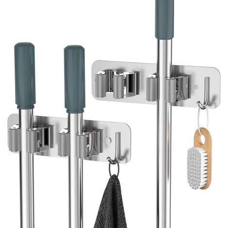 Soporte de pared de acero inoxidable para escobas con ganchos，Organizador de pared，Soporte de pared para herramientas de jardín，2 piezas (1/5)