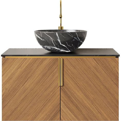 Meuble de salle de bain 76 cm avec vasque en céramique noire et plan de travail en pierre sinterisée, armoire en contreplaqué finition chêne brun (1/5)