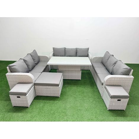 Fimous PE Rattan Lounge Sofa Set 12 Seater Outdoor Garden Furniture Set with Adjustable Lifting Dining or Coffee Table 3 Seater Sofa 3 Stools Light Grey (1/5)