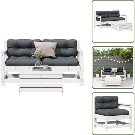 3-tlg. Garten-Lounge-Set mit Kissen Weiß Massivholz Kiefer - Gartenmöbel - Loungesessel - Gartenloungeset - Rattan Möbel - Kiefernholzmöbel (1/5)