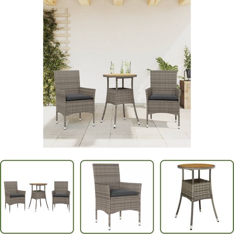 Gartentisch -  3-tlg. Garten-Essgruppe mit Kissen Grau Poly Rattan Akazie (1/5)