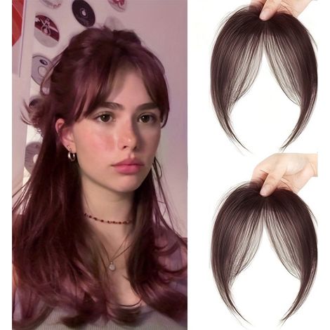 Frangia posticcia - sostituzione dei capelli sulla parte superiore della testa - frangia francese soffice e senza giunture con clip - Marrone scuro (1/2)