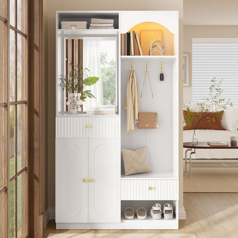 Comanlai - Vestiaire d'Entrée Complet 180 cm avec LED Contrôlée par App, Meuble à Chaussures 2 Portes, Miroir, Tiroirs Cannelés et Banc d'Assise, Portemanteau Multifonction Blanc (1/5)