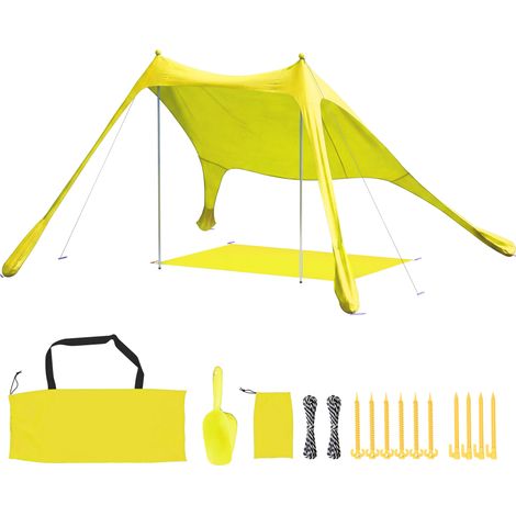 Outsunny toldo playa plegable 208x200 cm, con esterilla, upf50+, postes de aluminio, pala, estacas y bolsa de transporte, amarillo (1/5)