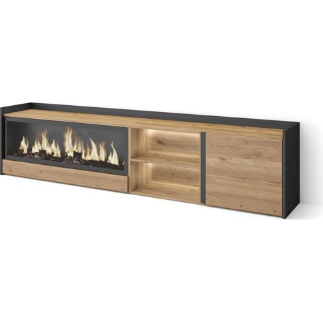 Skraut Home - Mueble TV, Televisión, Muebles de salón, almacenaje, 212x35x50cm, Para TV hasta 80", Chimenea eléctrica XXL, LED, Estilo Moderno, Roble y negro (1/5)