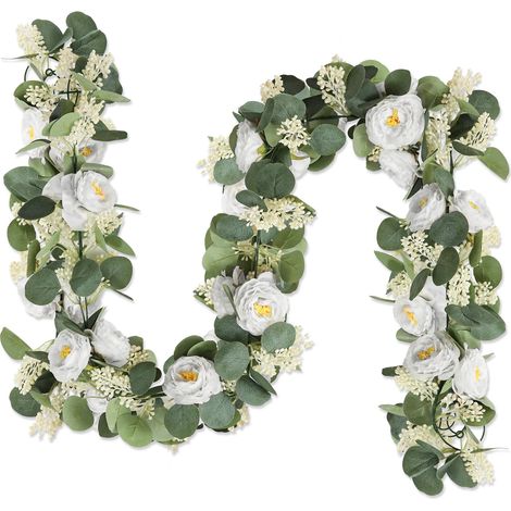 Guirlande de 2 guirlandes artificielles d'eucalyptus de 2 m avec fleurs, roses artificielles et guirlandes de gypsophile, décoration florale et végétale pour mariage, maison, table, blanche