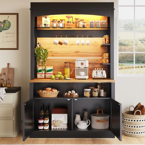 Küchenbuffet 107x43x184 cm schwarz aus MDF und Metall mit LED-Beleuchtung, offenen Fächern und Kippschutz (1/5)