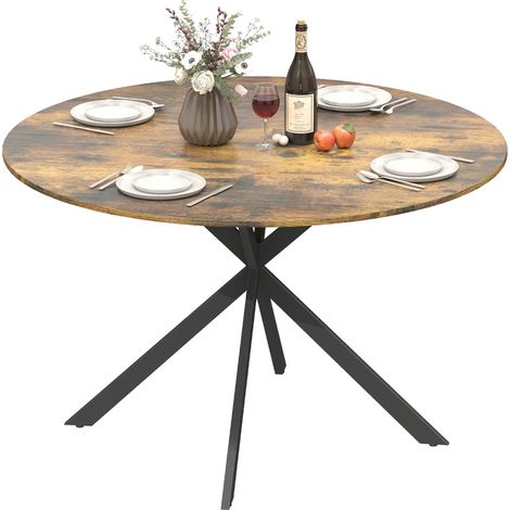 Table à manger ronde 4 personnes industrielle pieds acier marron rustique