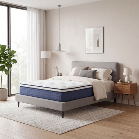 Matelas à Mémoire de Forme Gel, 90 x 190 cm, Hybride Ressorts Ensachés, Soutien 7 Zones, Housse Respirante, Bleu (1/5)