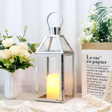 Lanternes décoratives argentées de 40,6 cm de Haut en Acier Inoxydable avec Verre trempé pour intérieur et extérieur (1/5)