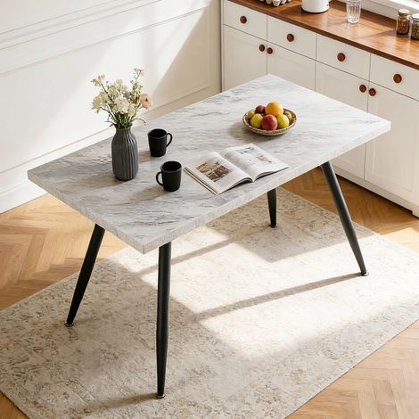 AINPECCA Dining Table White Marbled Effect Dining Room Table MDF top Kitchen Dinner Desk with Metal legs Breakfast Dinner Table Home Office Furniture (4Pers 120cm Length)