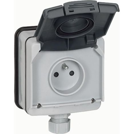 Prise de courant étanche 2P+T avec volet Plexo IP66 complet 16A 250V - gris - LEGRAND